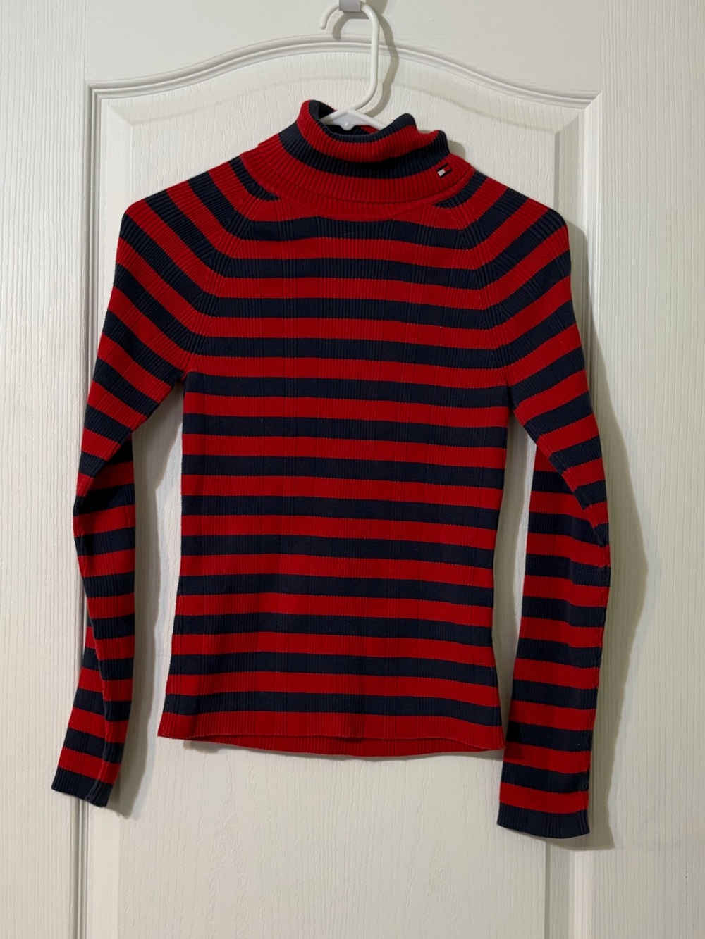 Tommy Hilfiger Red & Navy Striped Ribbed Turtleneck